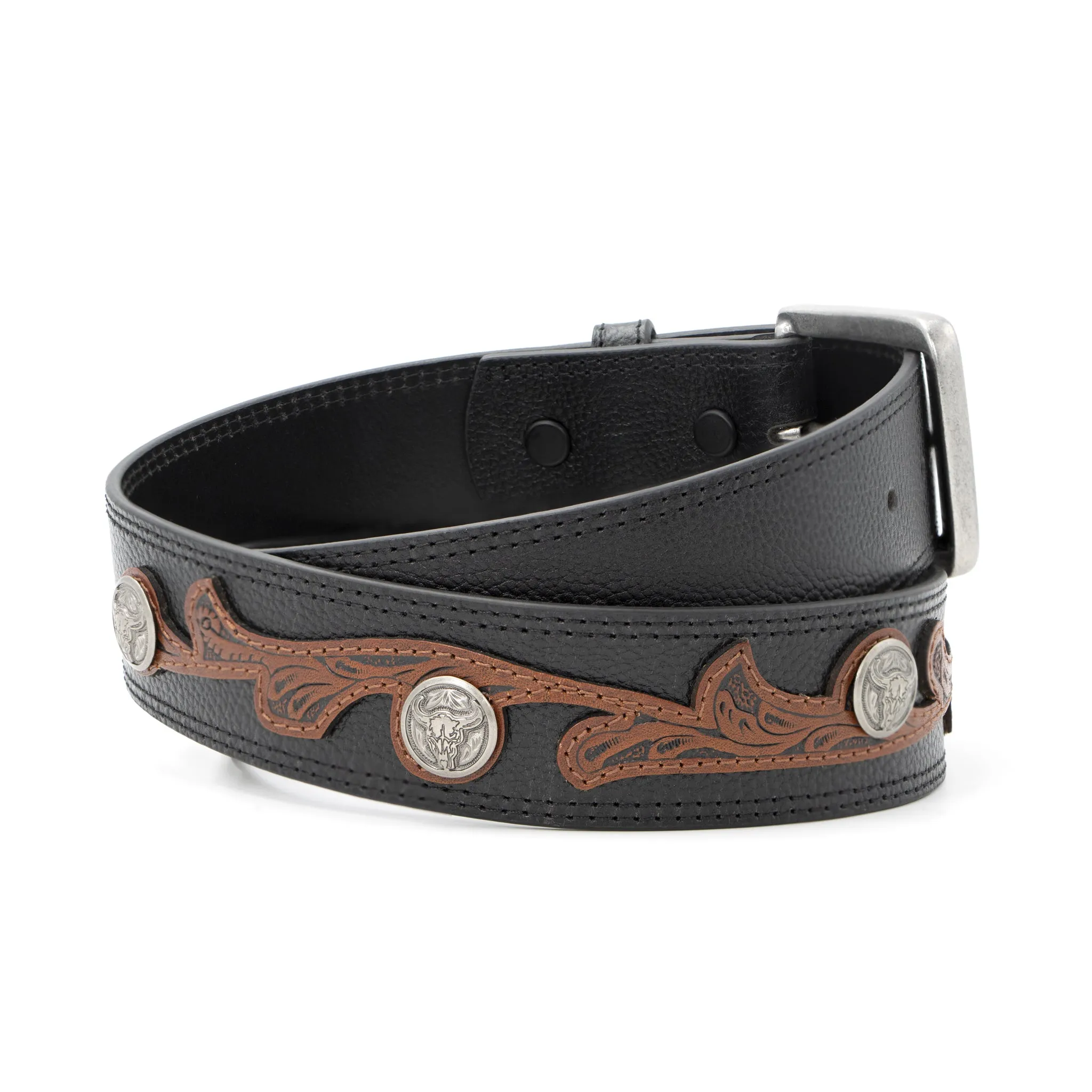 1 1/2" Western Scrolled with Skull Conchos Belt