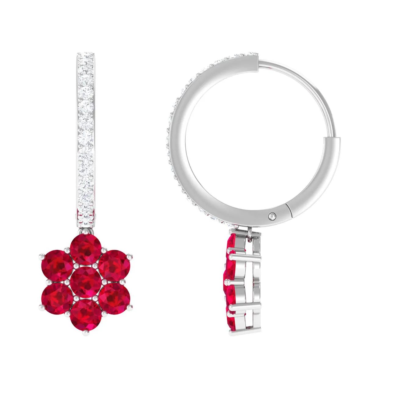 2.25 CT Created Ruby and Diamond Flower Drop Dangle Hoop Earrings