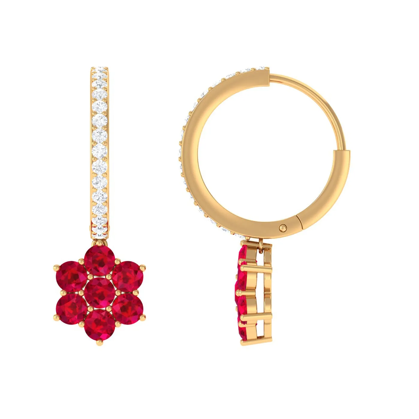 2.25 CT Created Ruby and Diamond Flower Drop Dangle Hoop Earrings