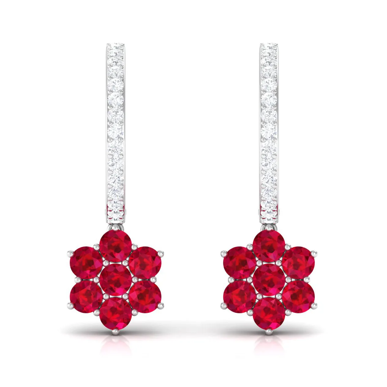 2.25 CT Created Ruby and Diamond Flower Drop Dangle Hoop Earrings