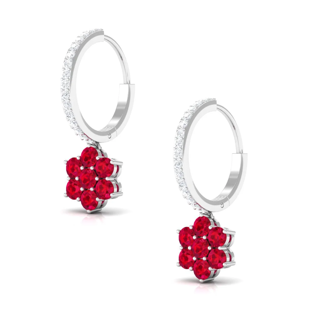 2.25 CT Created Ruby and Diamond Flower Drop Dangle Hoop Earrings