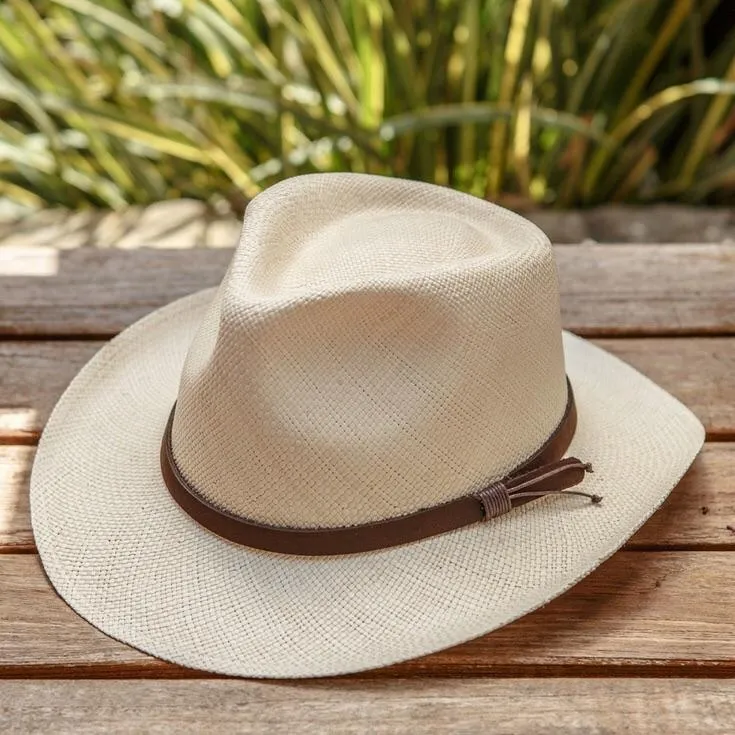 Austral Beige Straw Panama Hat - The Kent With Leather Band