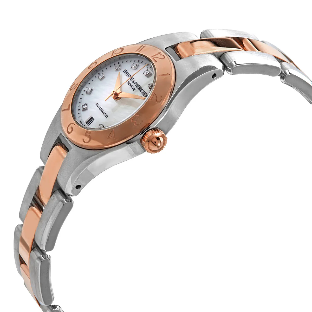 Baume and Mercier Linea Automatic Mother of Pearl Diamond Dial 18kt Rose Gold Steel Ladies Watch 10114