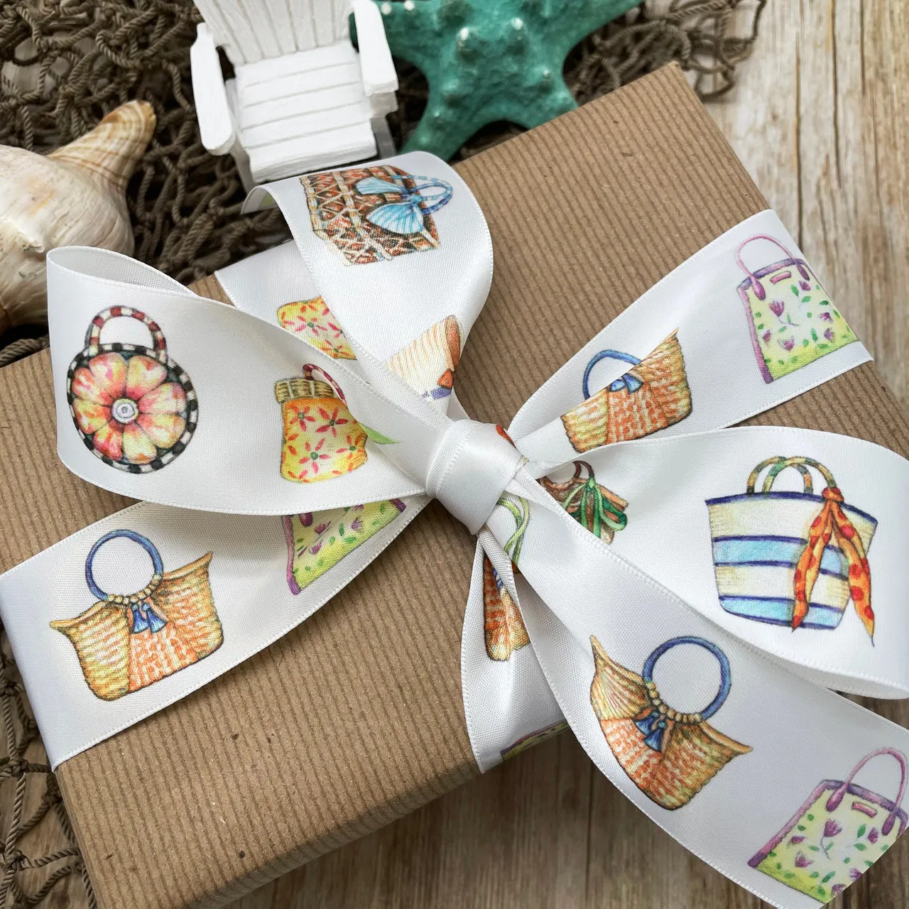 Beach Bag ribbon watercolor beach bags printed on 1.5" white satin and Grosgrain