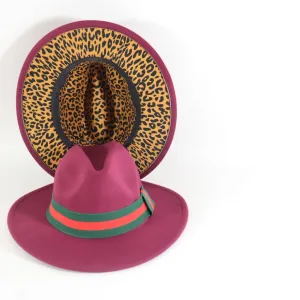 Burgundy Fedora Hat w/ Removable Band & Leopard Print Bottom