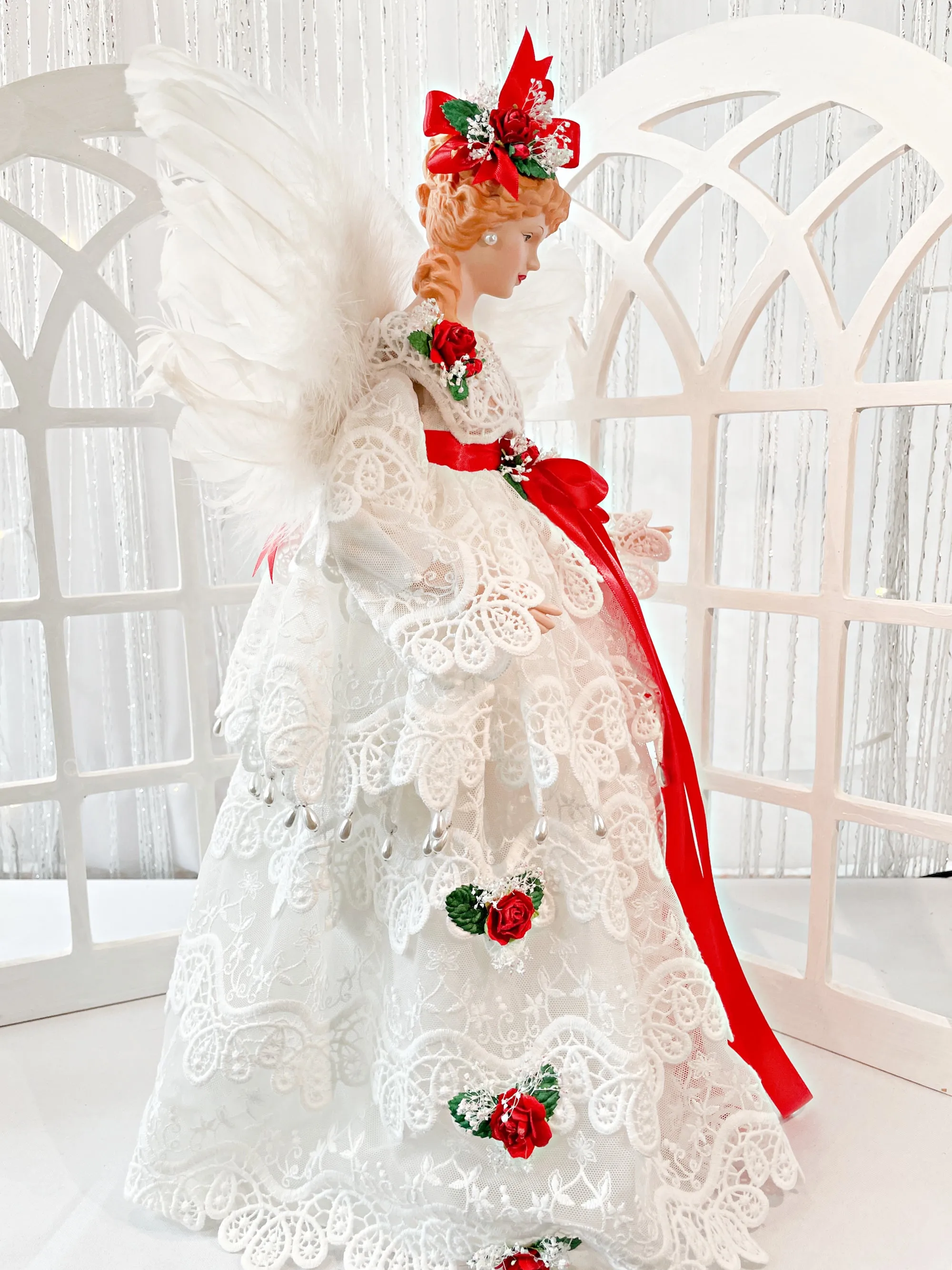 Creamy White Christmas Angel Treetopper 18 Inch Tall Mantle Sized, Holiday Treetop in Off White Tiered Lace Gown