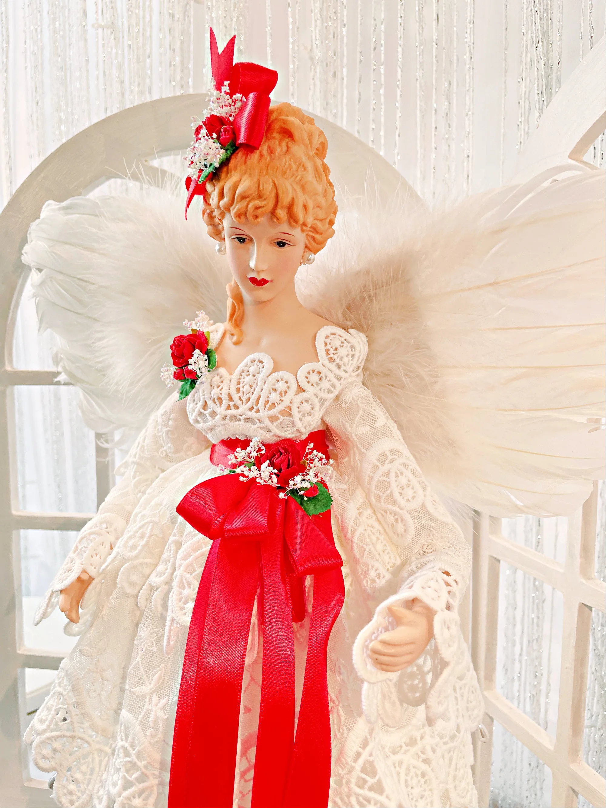 Creamy White Christmas Angel Treetopper 18 Inch Tall Mantle Sized, Holiday Treetop in Off White Tiered Lace Gown