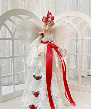 Creamy White Christmas Angel Treetopper 18 Inch Tall Mantle Sized, Holiday Treetop in Off White Tiered Lace Gown