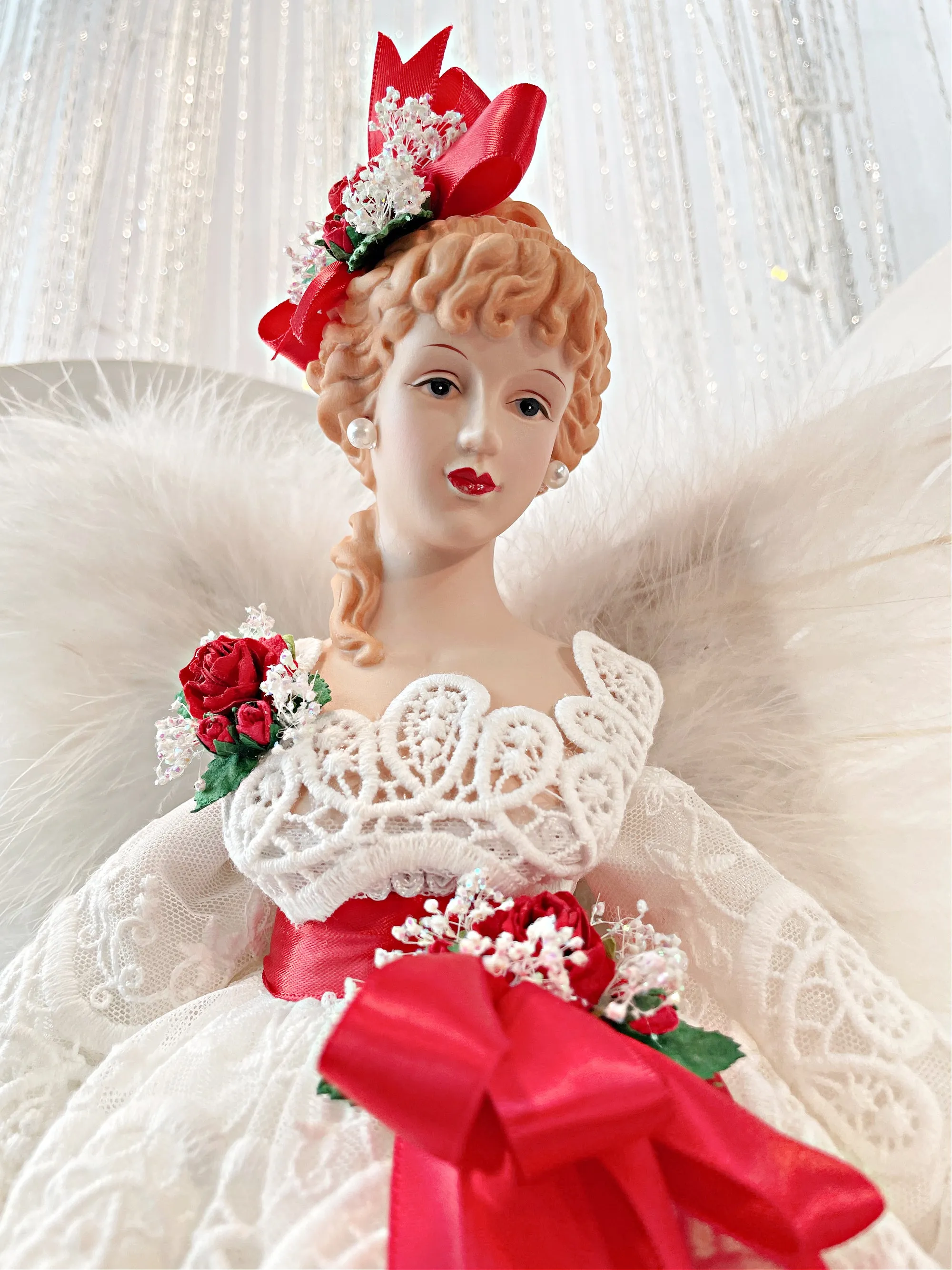 Creamy White Christmas Angel Treetopper 18 Inch Tall Mantle Sized, Holiday Treetop in Off White Tiered Lace Gown