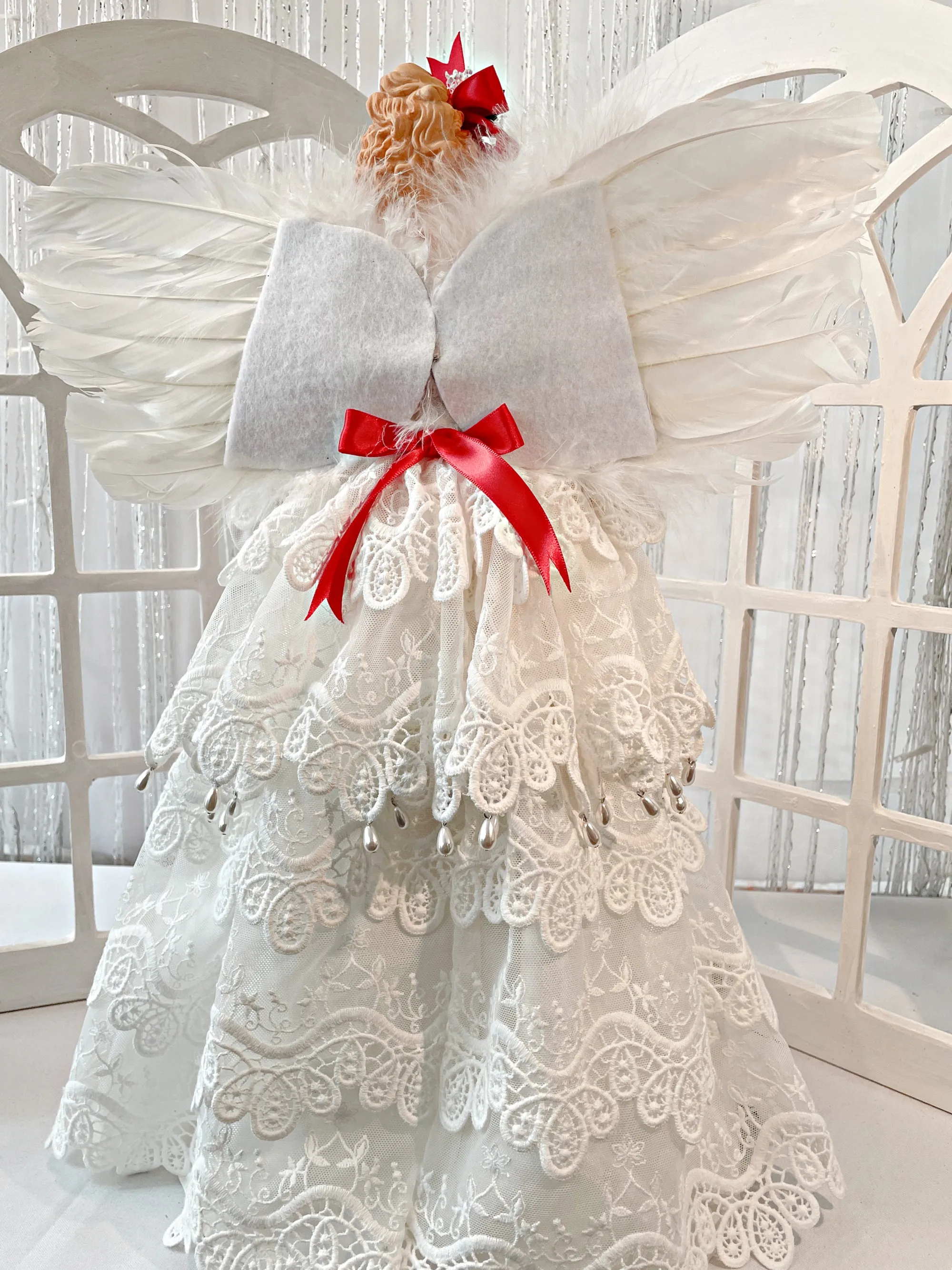 Creamy White Christmas Angel Treetopper 18 Inch Tall Mantle Sized, Holiday Treetop in Off White Tiered Lace Gown