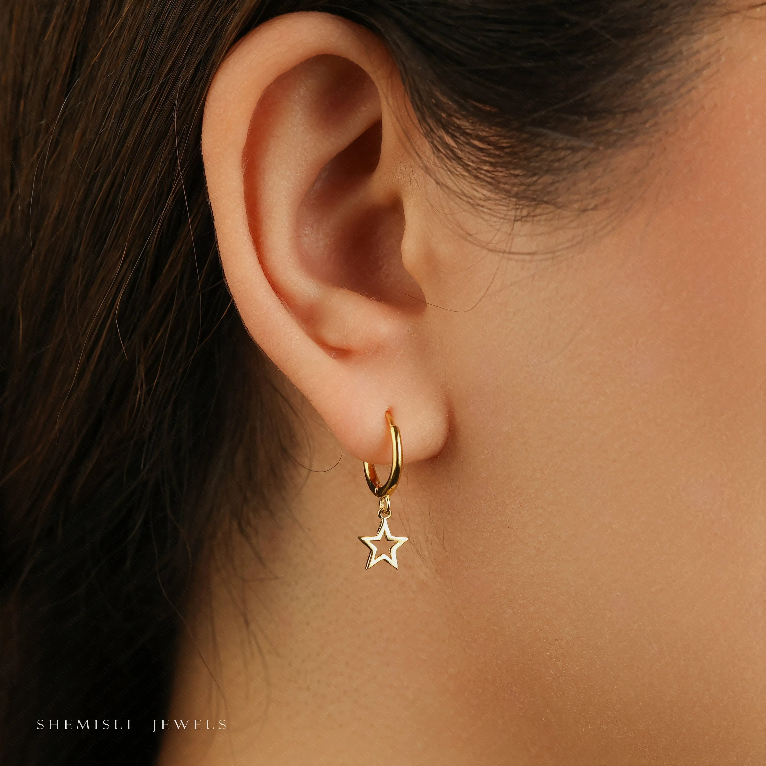 Dainty Open Star Dangle Hoop Earrings, Unisex, Gold, Silver SHEMISLI SH674