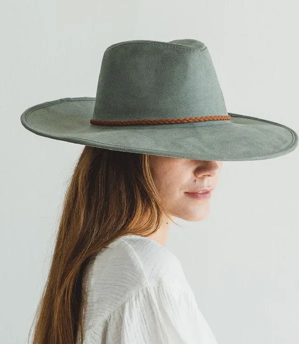 Faux suede wide brim panama hat with braided band