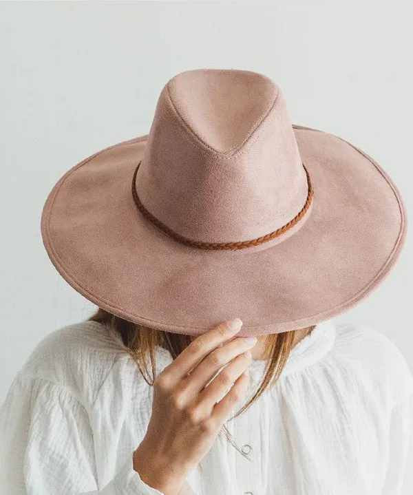 Faux suede wide brim panama hat with braided band