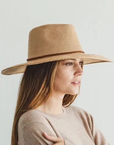 Faux suede wide brim panama hat with braided band