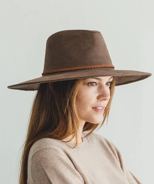 Faux suede wide brim panama hat with braided band