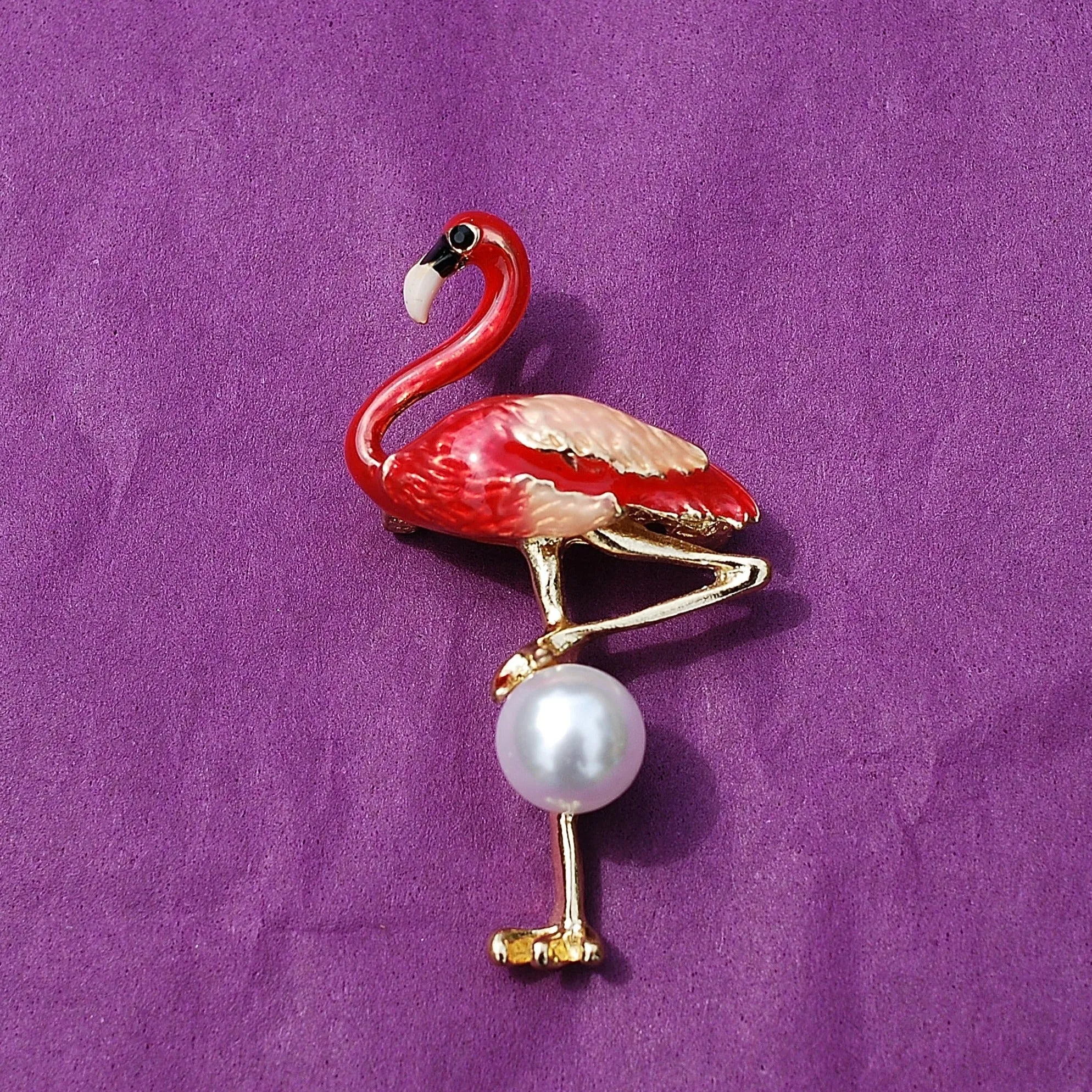 Flamingo Brooch in Enamel with Pearl