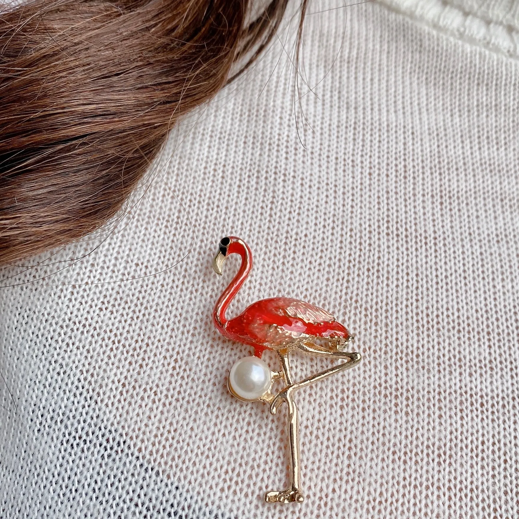 Flamingo Brooch in Enamel with Pearl