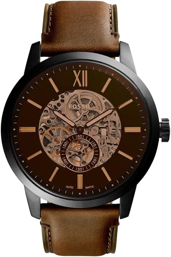 Fossil Men's Townsman Automatic Stainless Steel and Leather Three-Hand Skeleton Watch, Color: Black, Dark Brown (Model: ME3155)