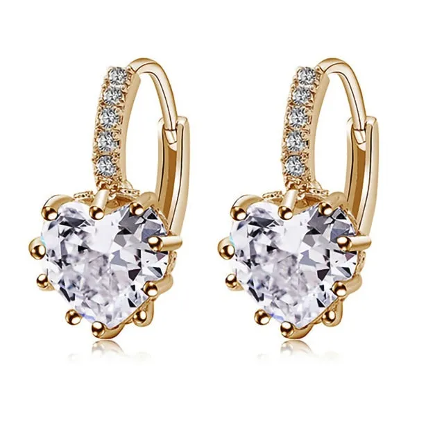 Lovely Love Heart Rhinestone Gold Plated Lever Back Hoop Earrings