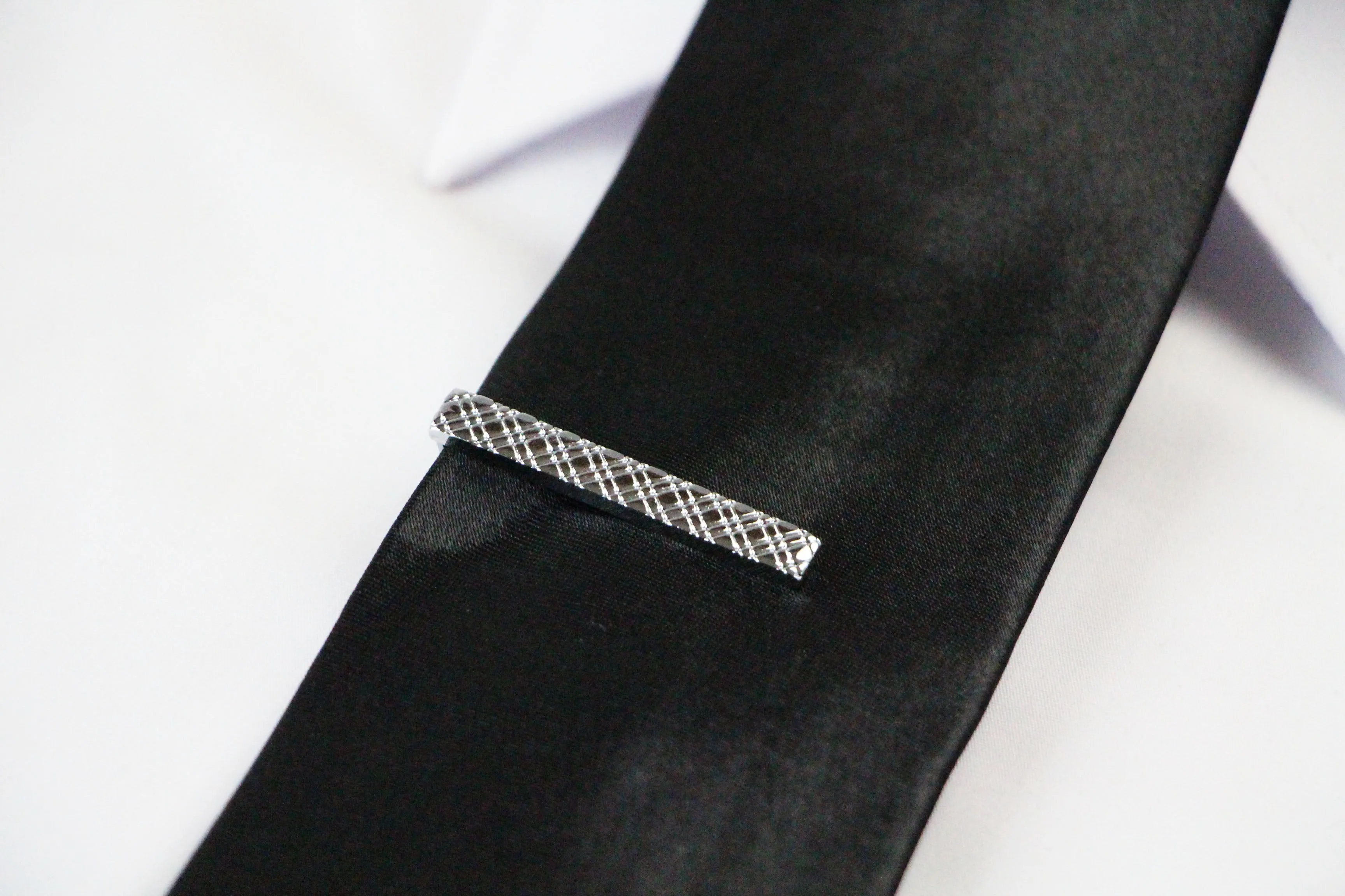 Mens Silver Diagonal Check Tie Clip Clasp