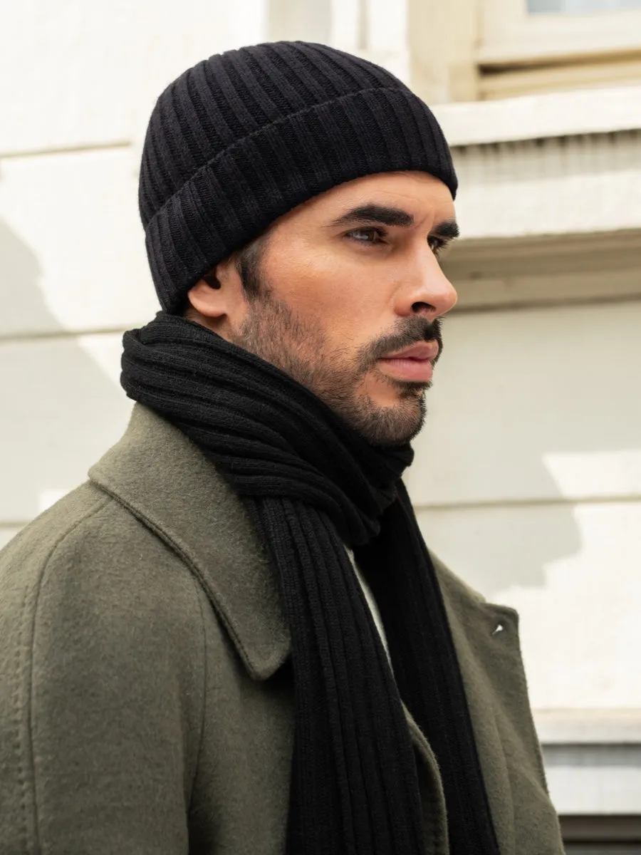 Milano (black) - 100% cashmere ribbed beanie (unisex)