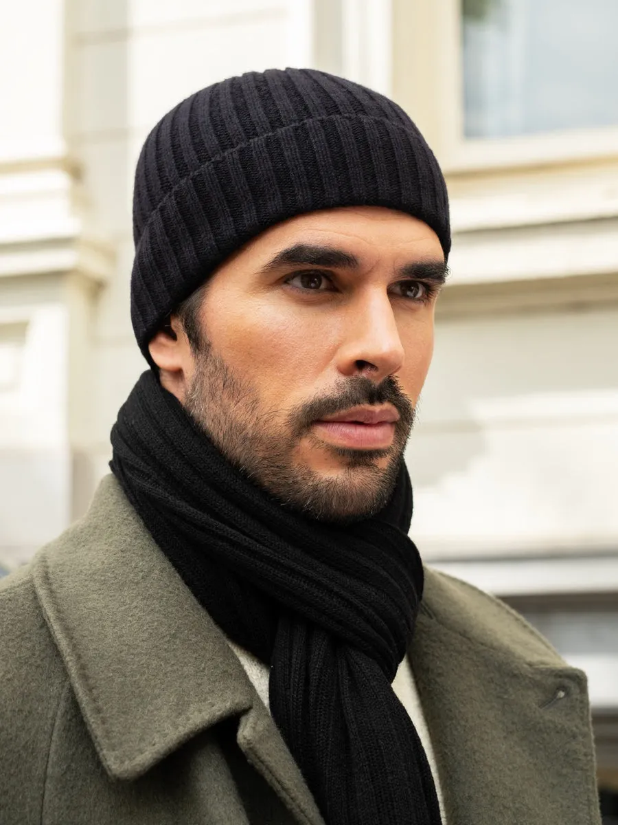 Milano (black) - 100% cashmere ribbed beanie (unisex)