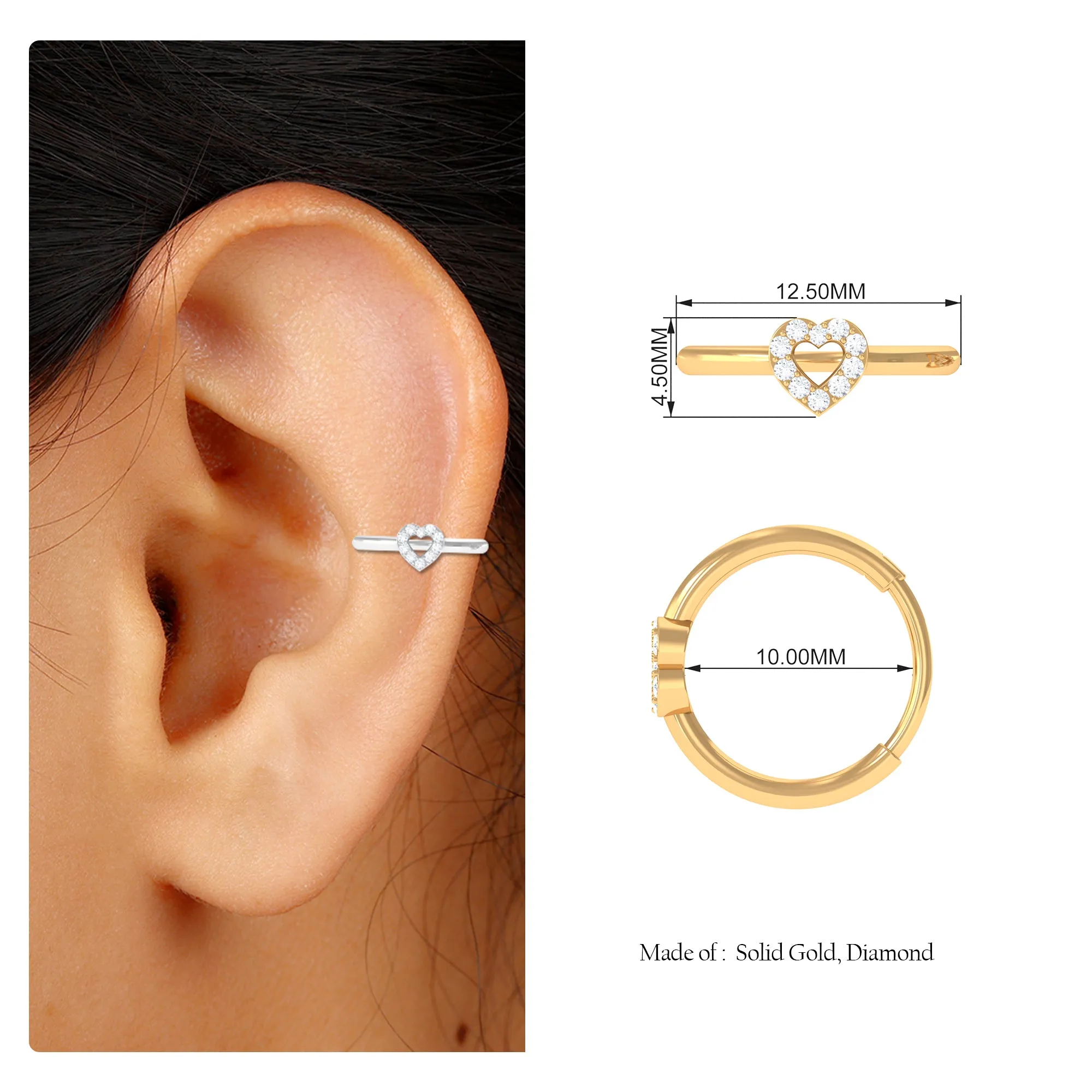 Moissanite Heart Conch Hoop Earring in Gold