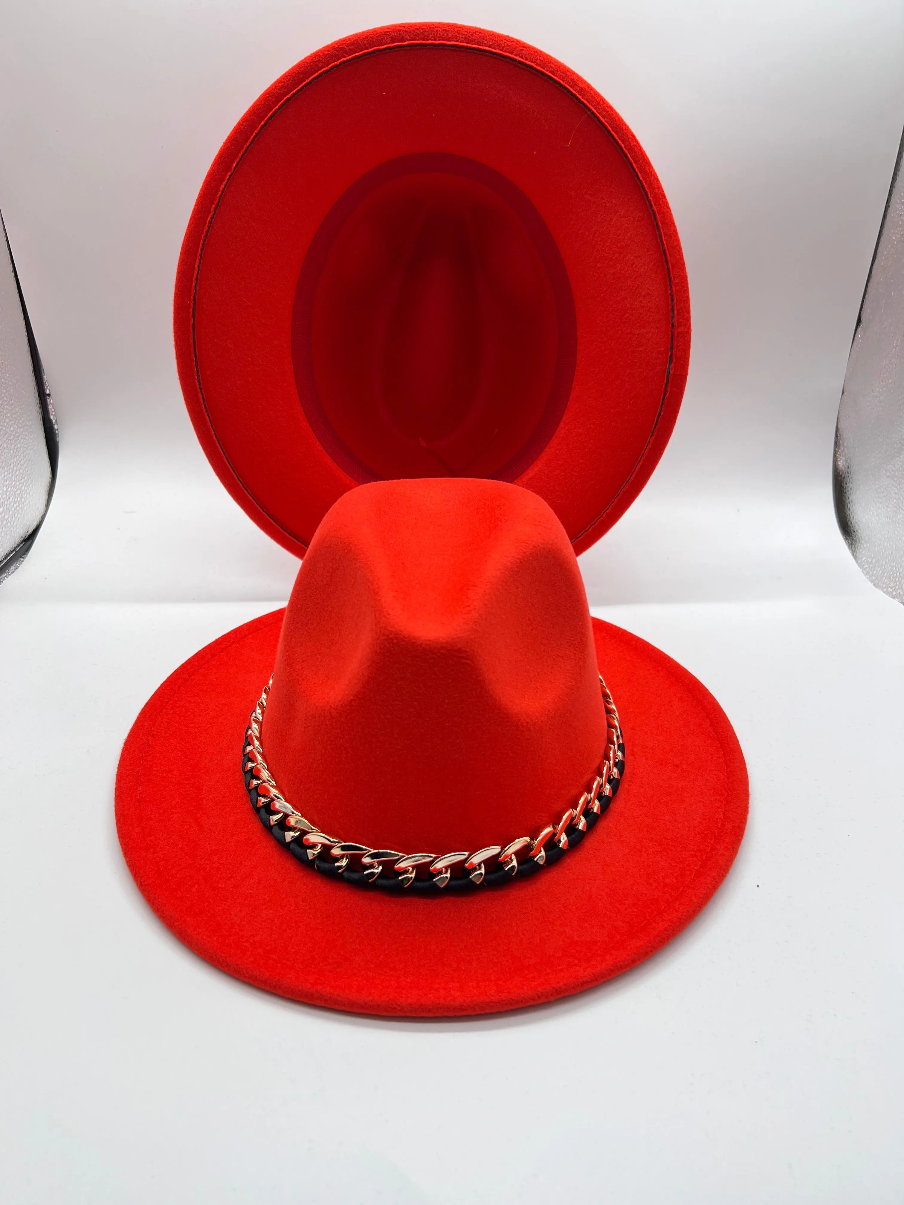 Orange Fedora Hat with Removable Gold Chain Band