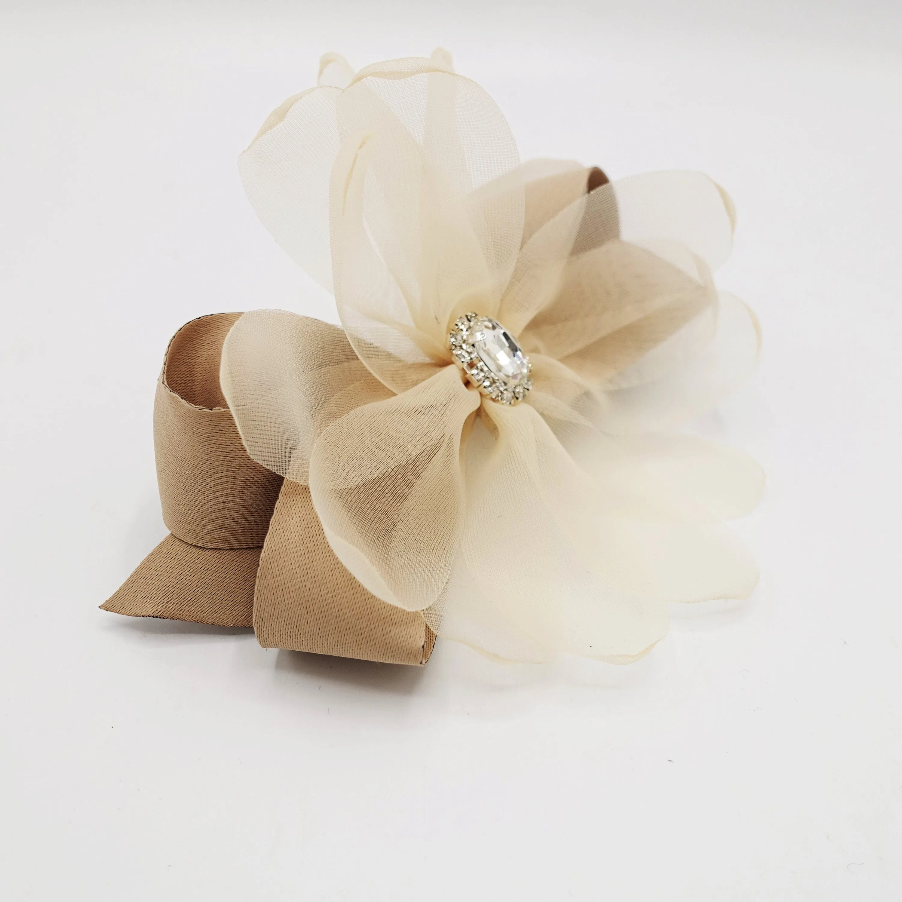 organza petal flower hair barrette rhinestone embellished hair bow women accessory