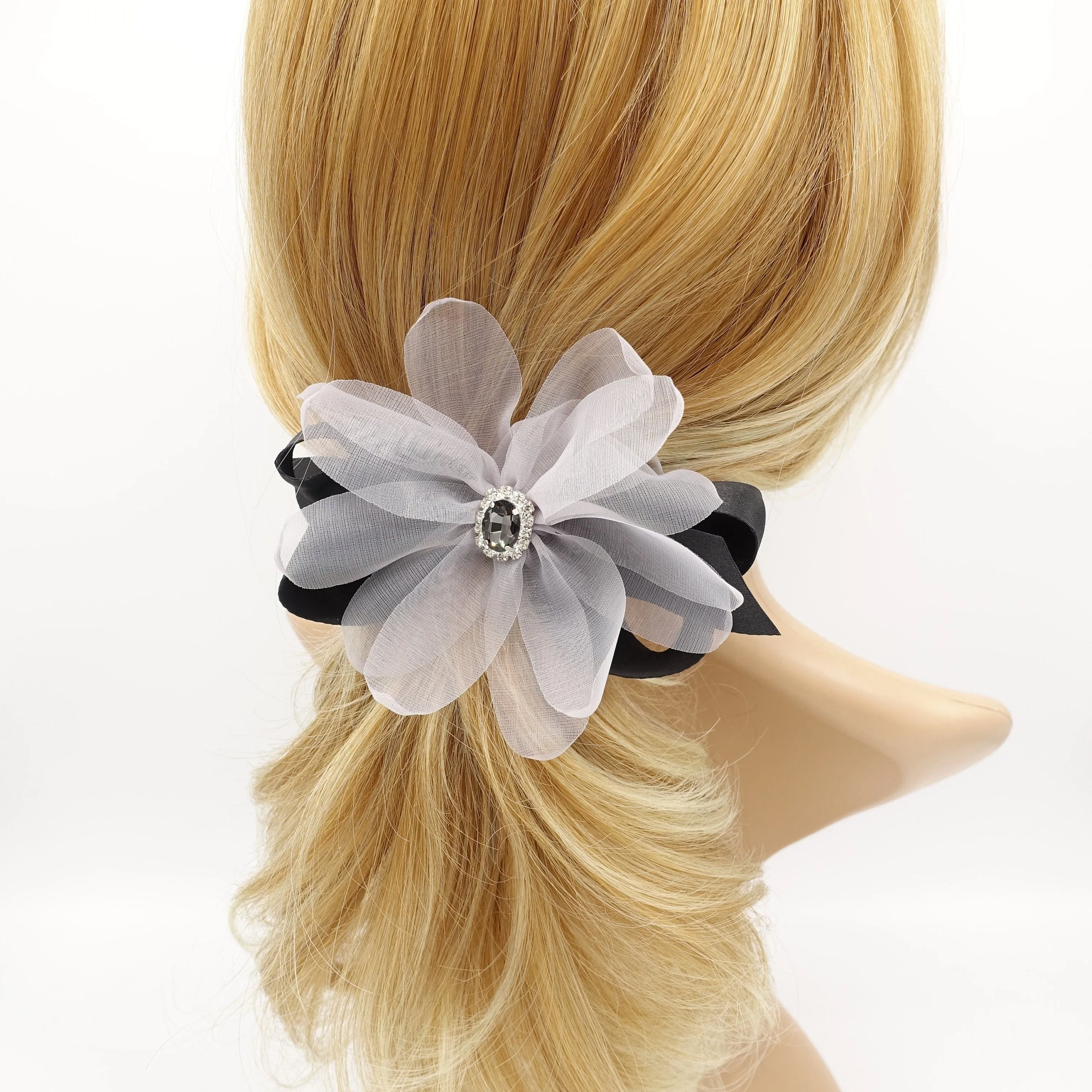 organza petal flower hair barrette rhinestone embellished hair bow women accessory