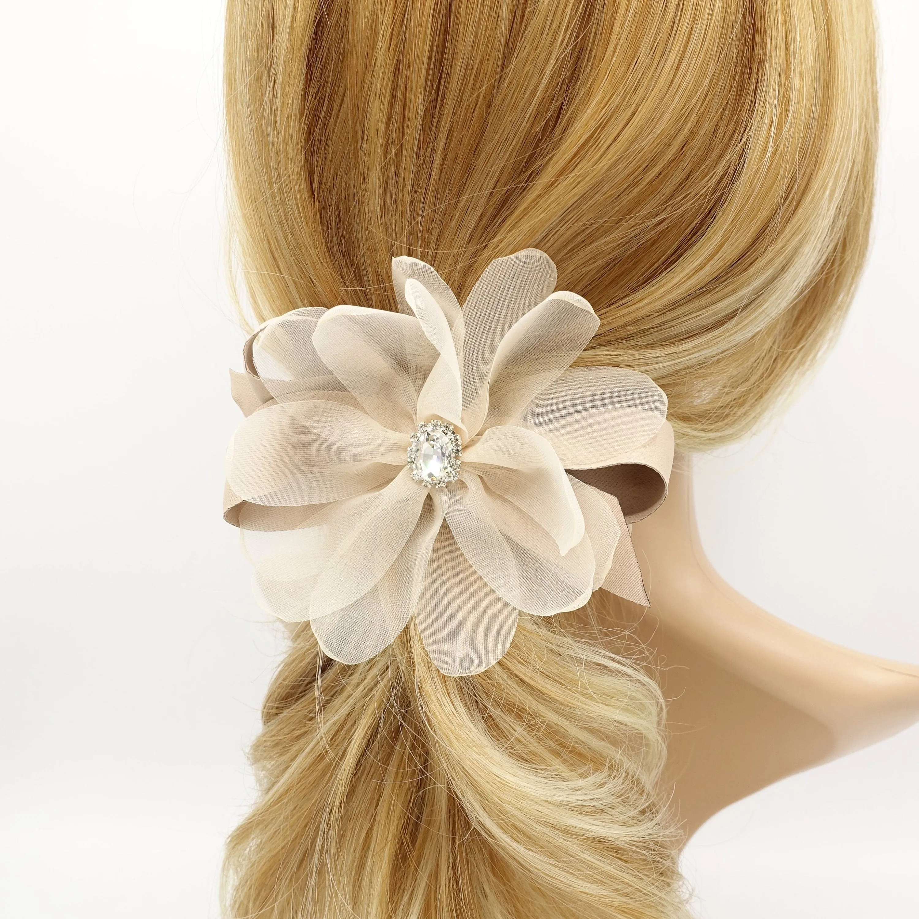 organza petal flower hair barrette rhinestone embellished hair bow women accessory