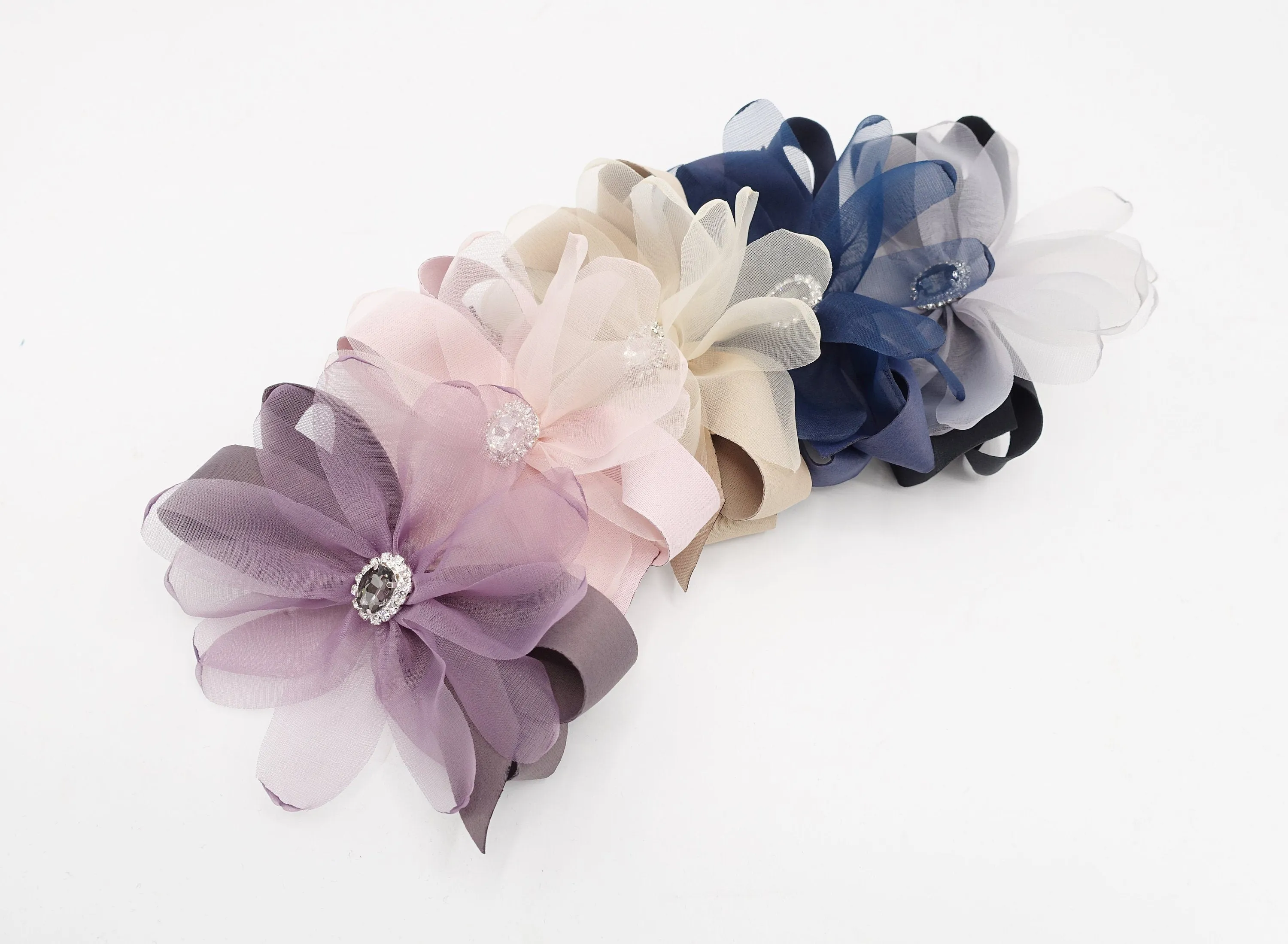 organza petal flower hair barrette rhinestone embellished hair bow women accessory