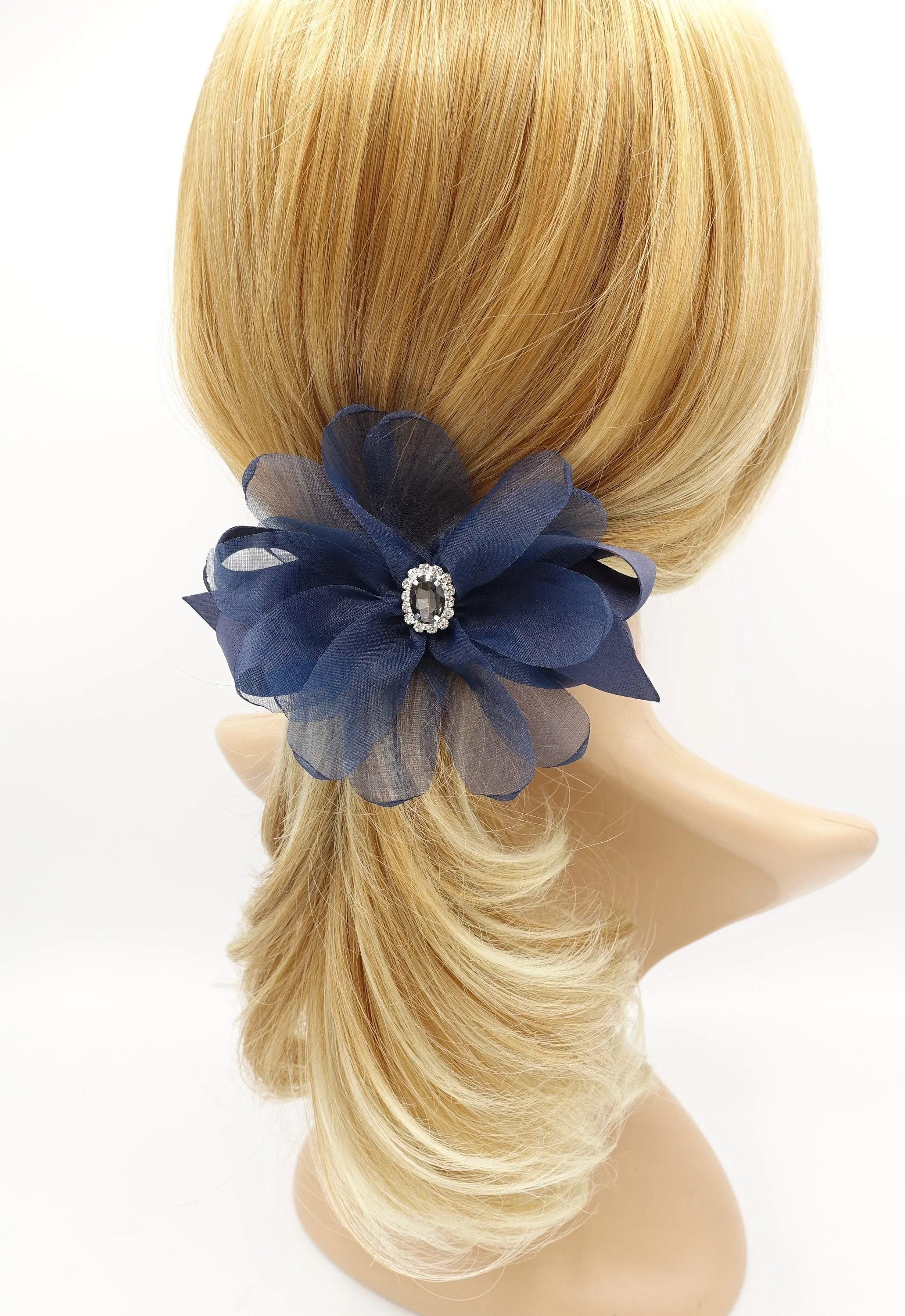 organza petal flower hair barrette rhinestone embellished hair bow women accessory