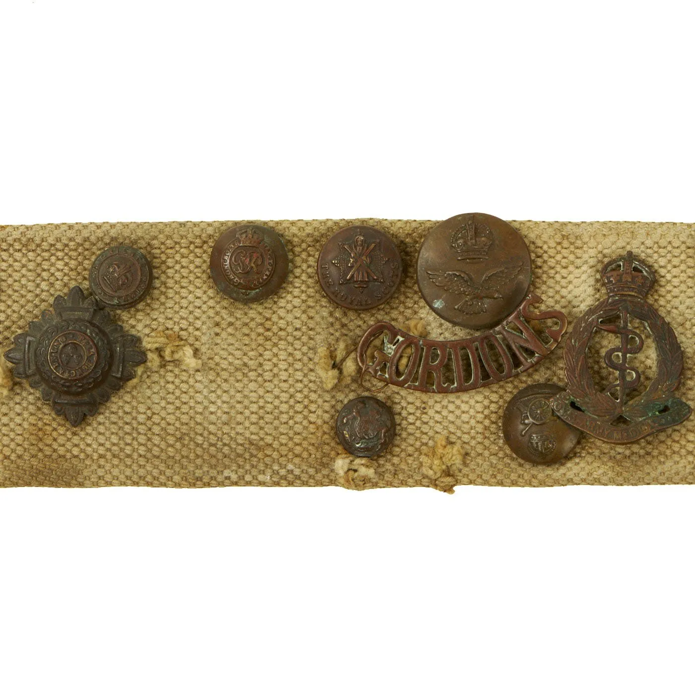 Original Australian WWI Souvenir P1907 Web Belt with 16 Attached Buttons, Badges & Insignia