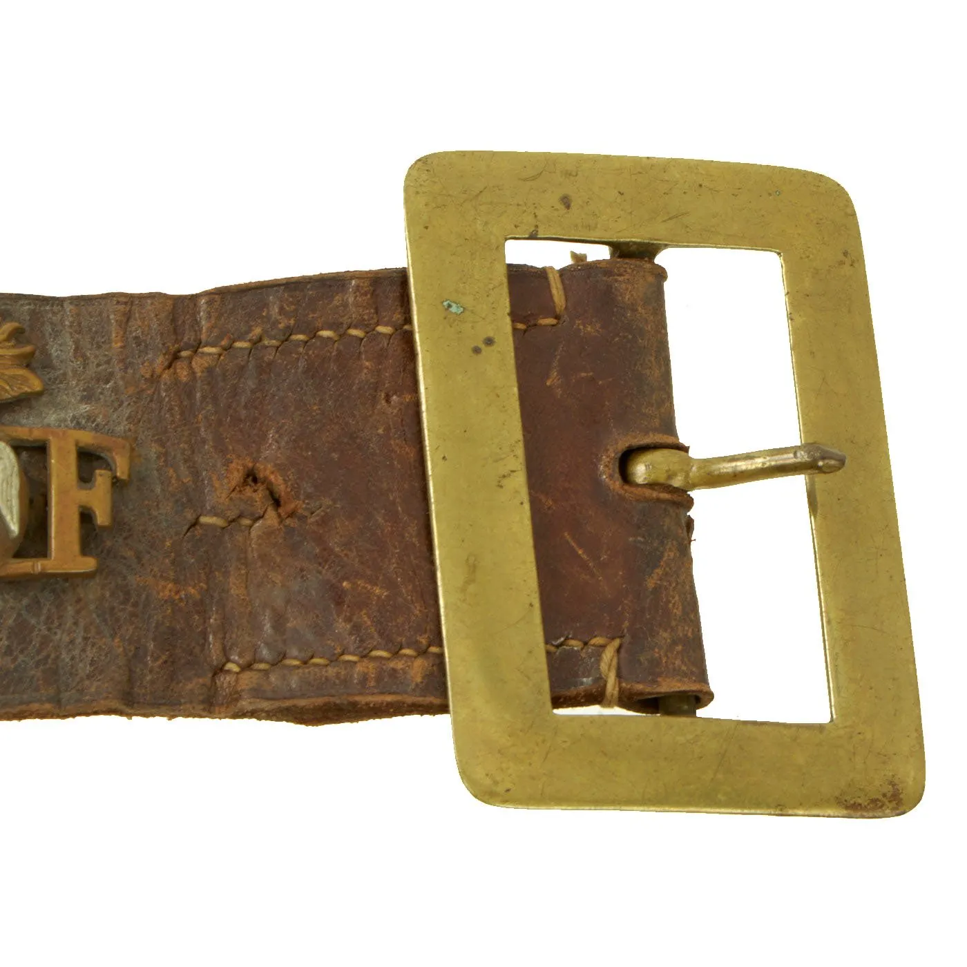 Original British WWI Souvenir Leather Belt with 16 Attached Buttons, Badges & Insignia