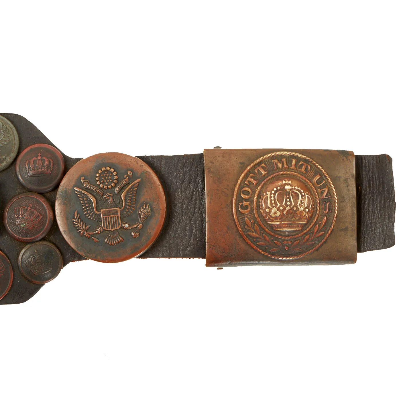 Original Imperial German WWI Hate Belt with Gott Mit Uns Prussian Buckle and 126 Attached Items - With Display Case