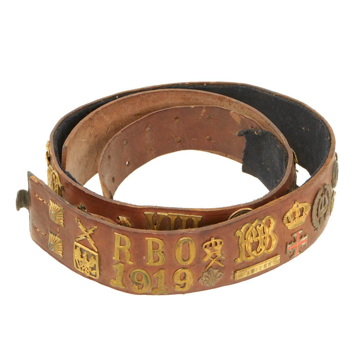 Original U.S. WWI Imperial German Hate Souvenir Belt With 53 Attached Items and U.S. Soldier Photo