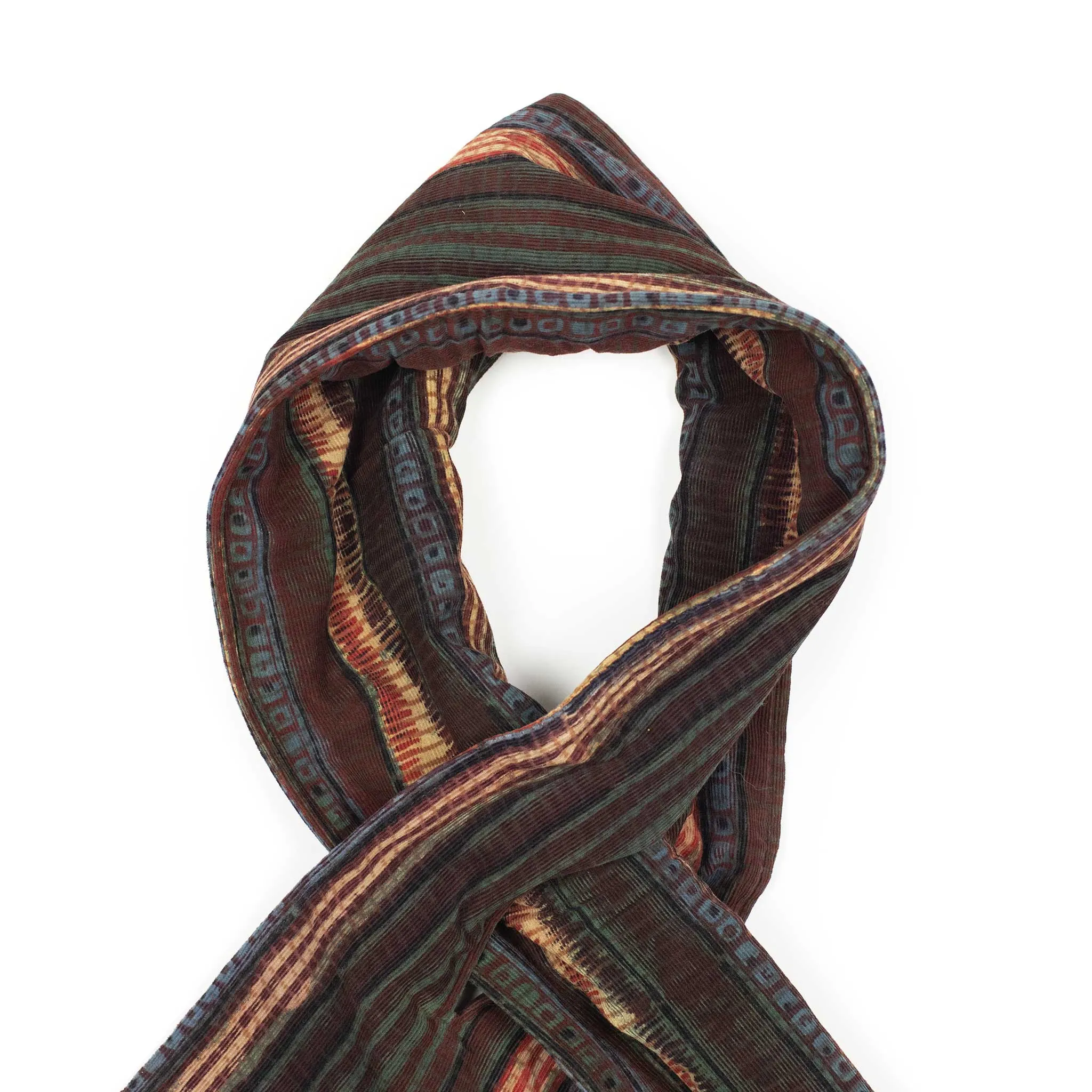 Quilted scarf in burgundy, red and green stripe handblock printed cotton corduroy