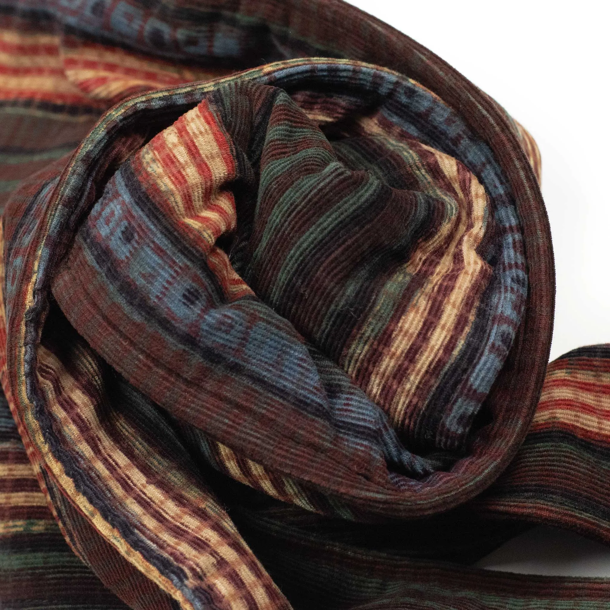 Quilted scarf in burgundy, red and green stripe handblock printed cotton corduroy