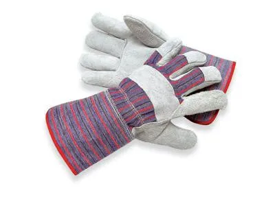 Radnor Large Economy Grade Split Leather Palm Gloves With Gauntlet Cuff, Striped Canvas Back And Reinforced Knuckle Strap, Pull Tab, Index Finger And Fingertips