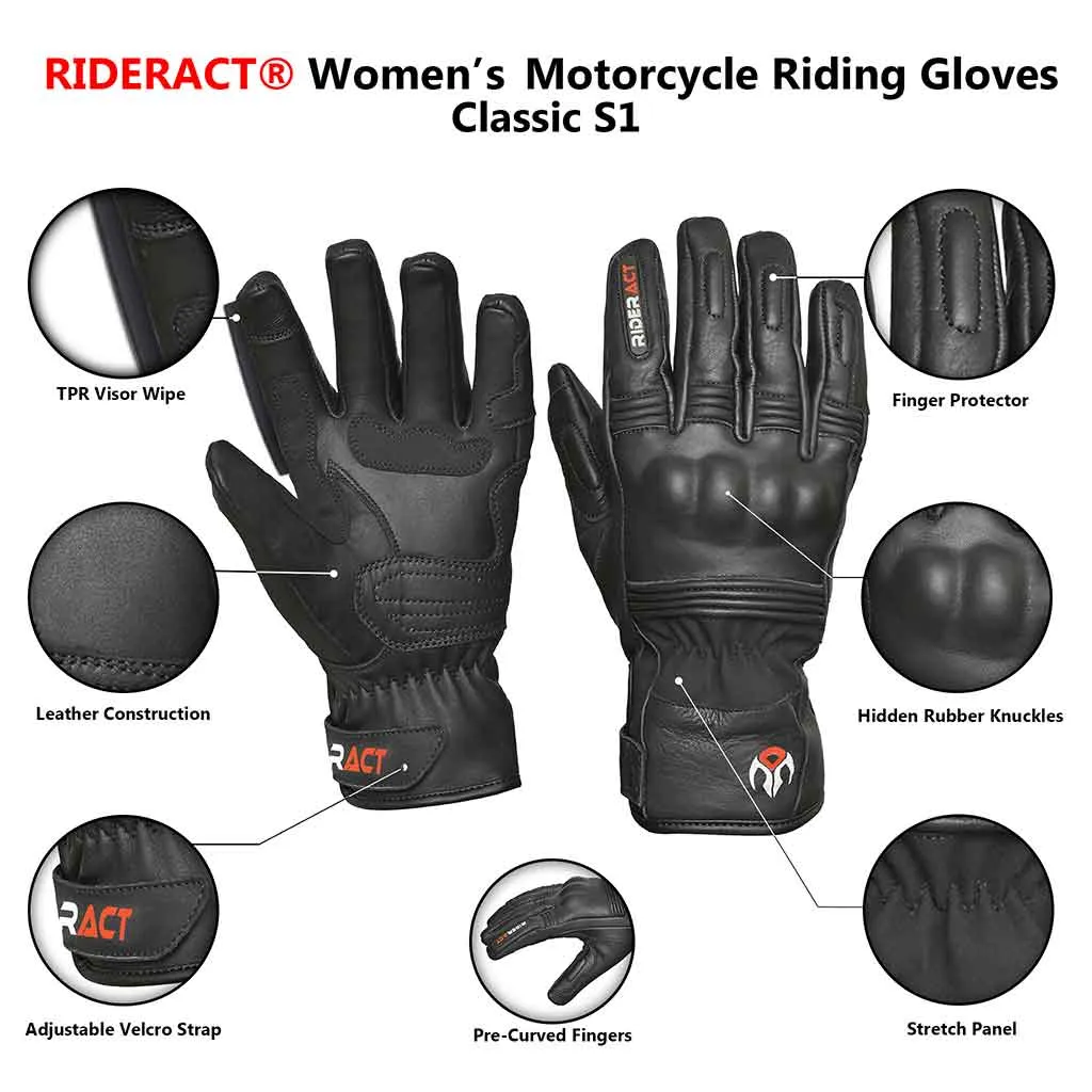 RIDERACT® Women Motorbike Gloves Leather Classic S1 Ladies Motorcycle Gloves