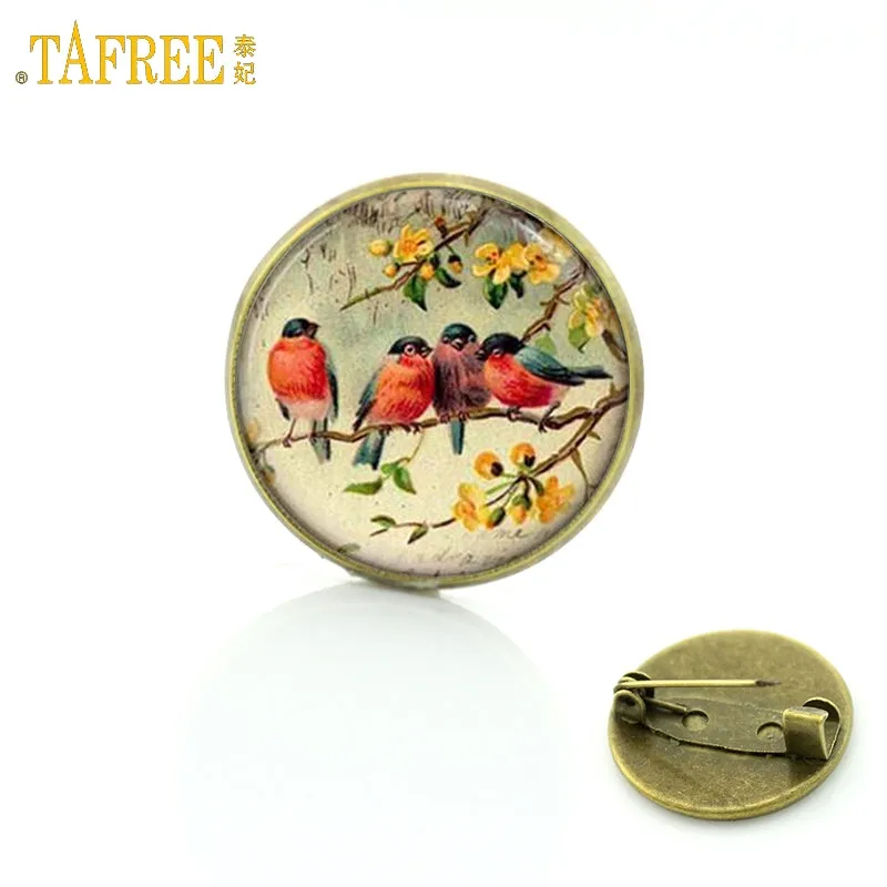 TAFREE Vintage Woman animal brooch Glass dome art picture birds brooches pins for Suit Sweater carves Animal Jewelry BP01