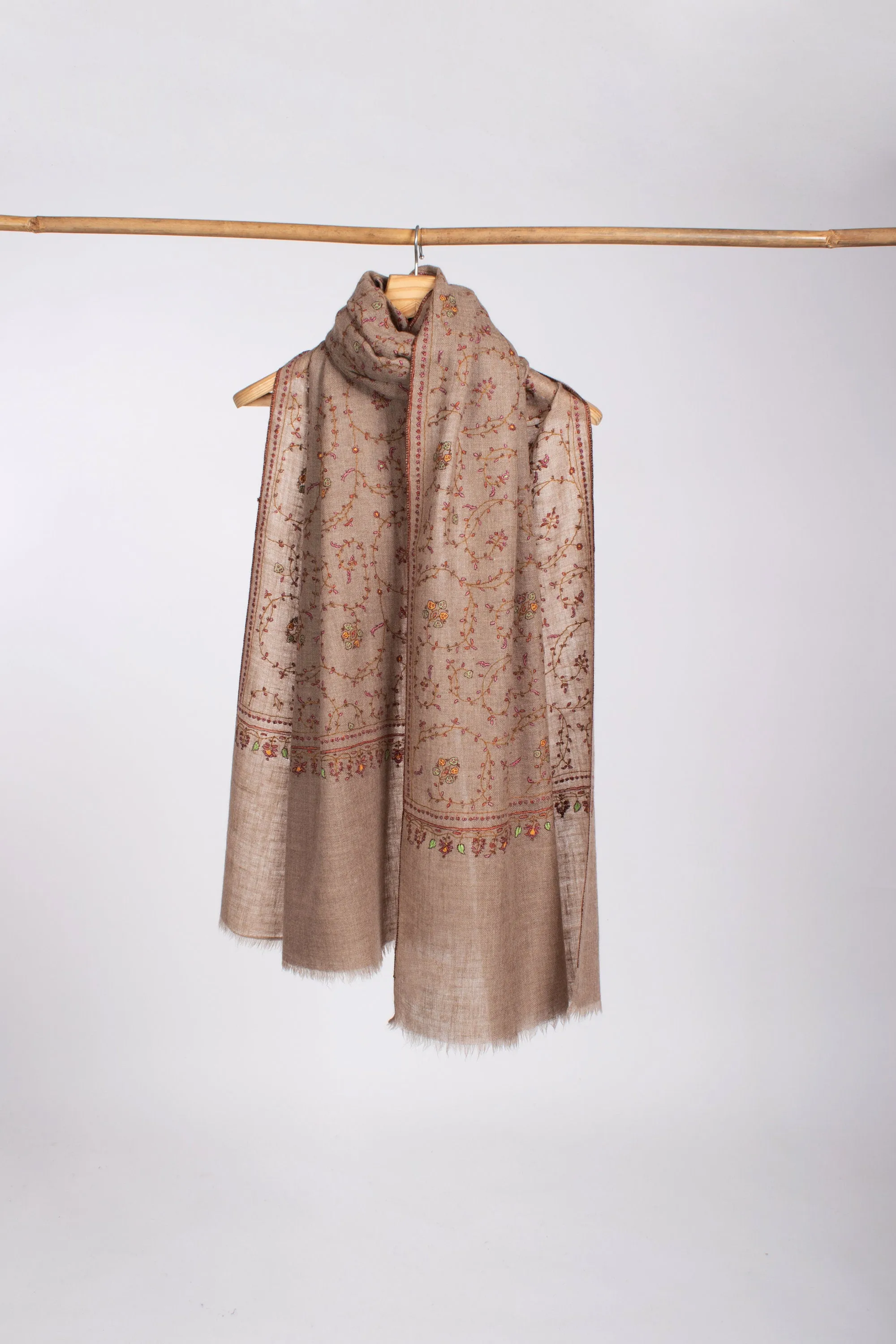 Taupe Natural Scarves, Super Soft Pashminas, Needlework Embroideries, Kashmiri Shawls, Spring Wraps, Goat Scarf, 28x80" - SAN MARINO