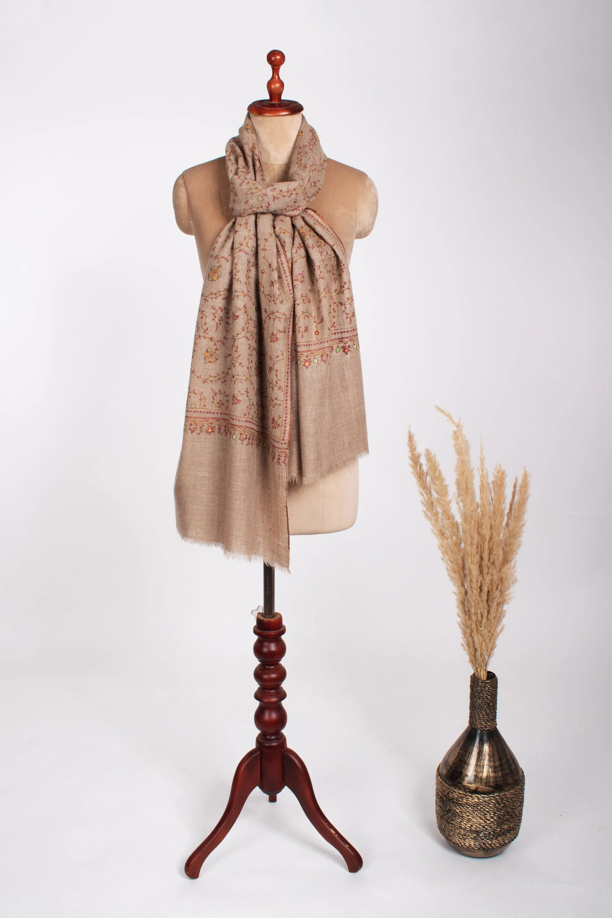 Taupe Natural Scarves, Super Soft Pashminas, Needlework Embroideries, Kashmiri Shawls, Spring Wraps, Goat Scarf, 28x80" - SAN MARINO