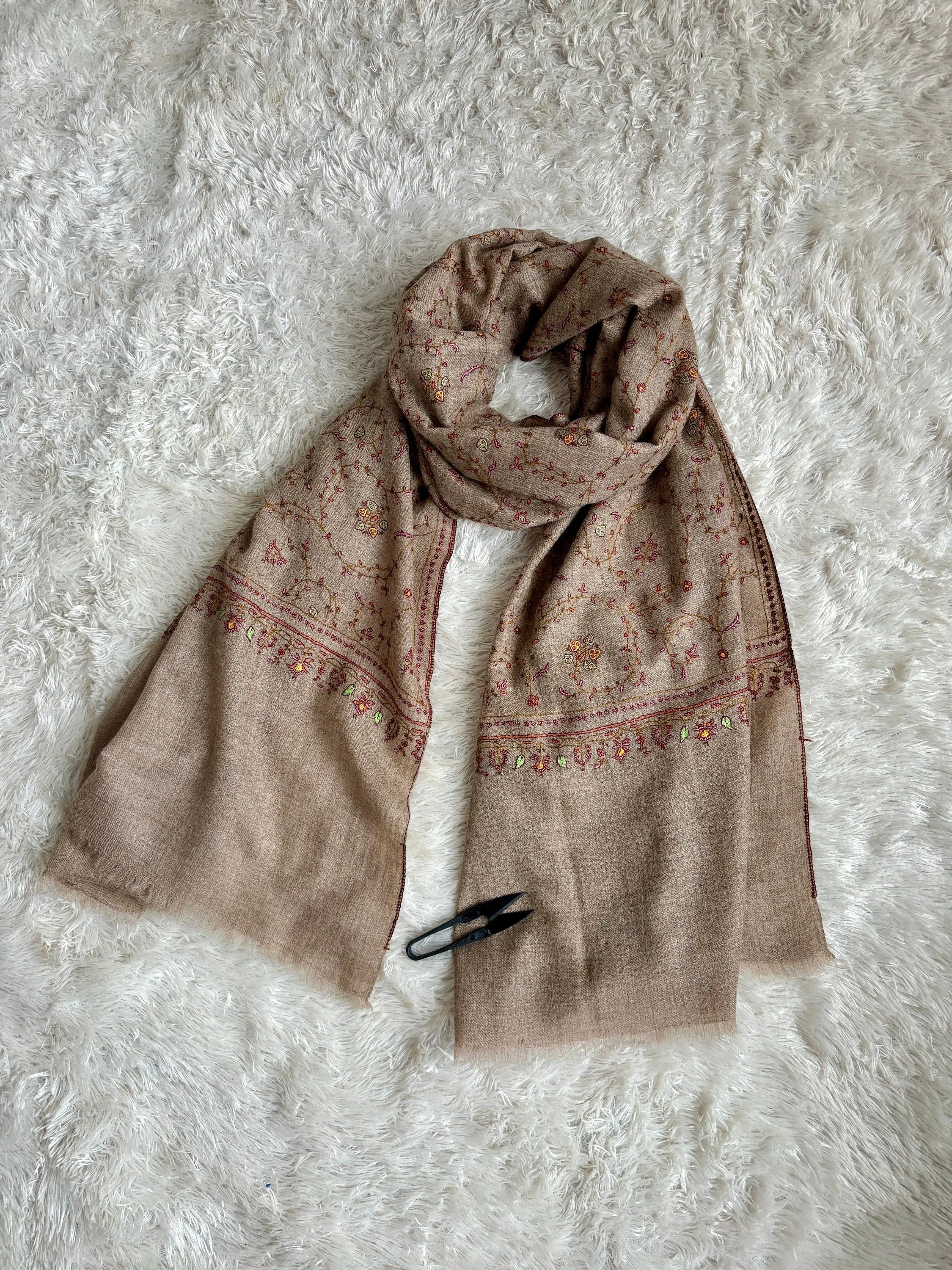 Taupe Natural Scarves, Super Soft Pashminas, Needlework Embroideries, Kashmiri Shawls, Spring Wraps, Goat Scarf, 28x80" - SAN MARINO