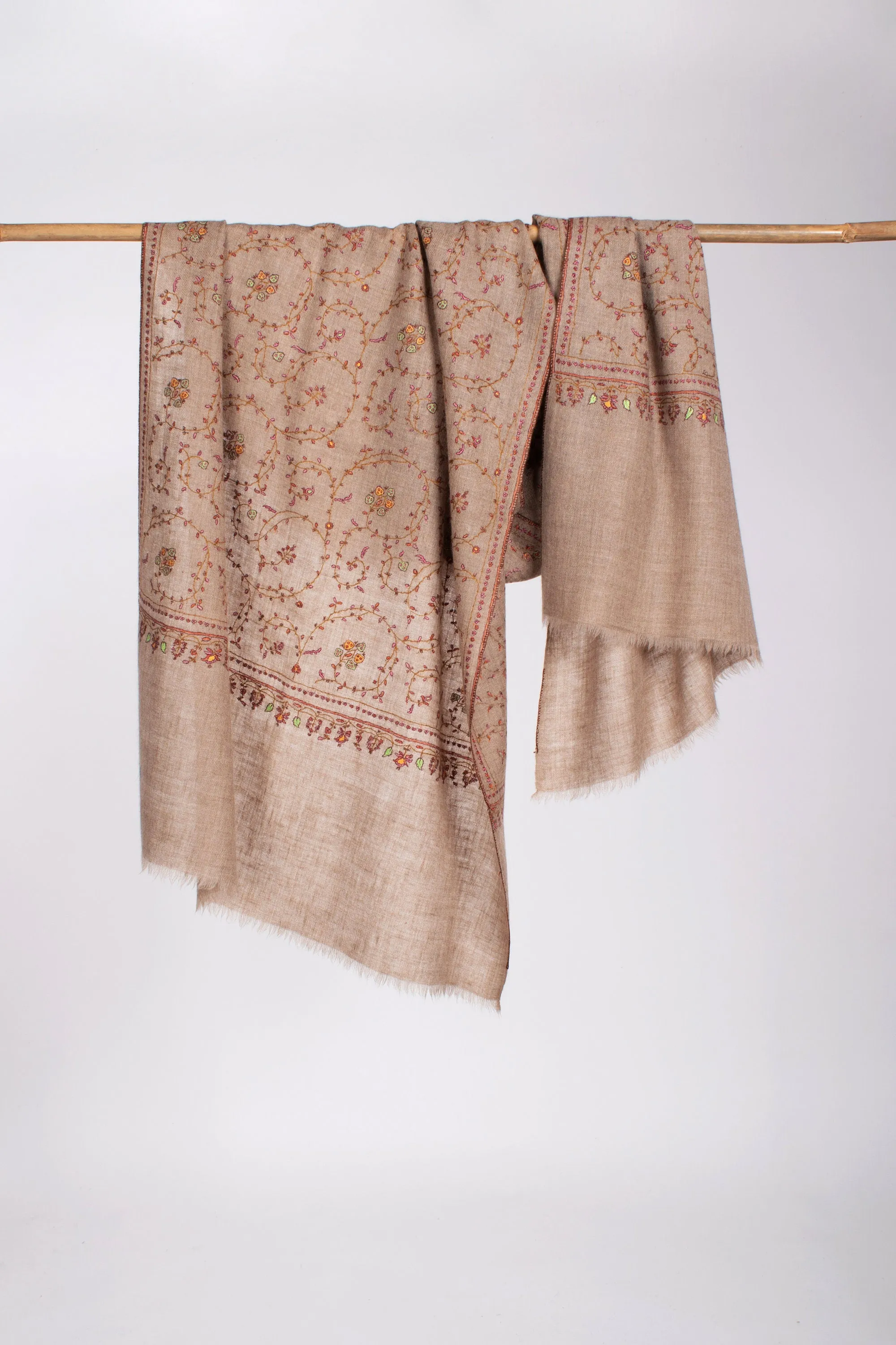 Taupe Natural Scarves, Super Soft Pashminas, Needlework Embroideries, Kashmiri Shawls, Spring Wraps, Goat Scarf, 28x80" - SAN MARINO