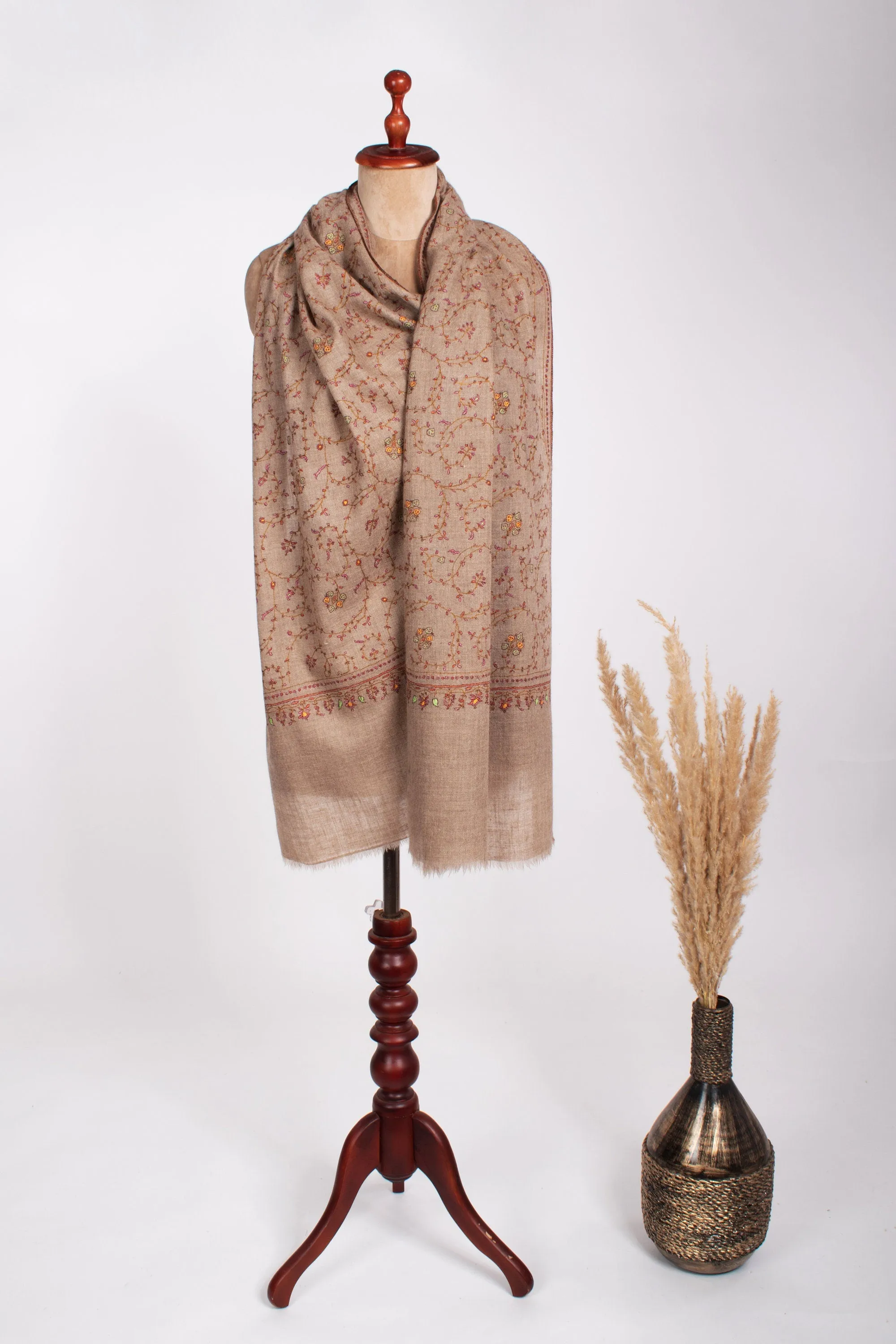 Taupe Natural Scarves, Super Soft Pashminas, Needlework Embroideries, Kashmiri Shawls, Spring Wraps, Goat Scarf, 28x80" - SAN MARINO