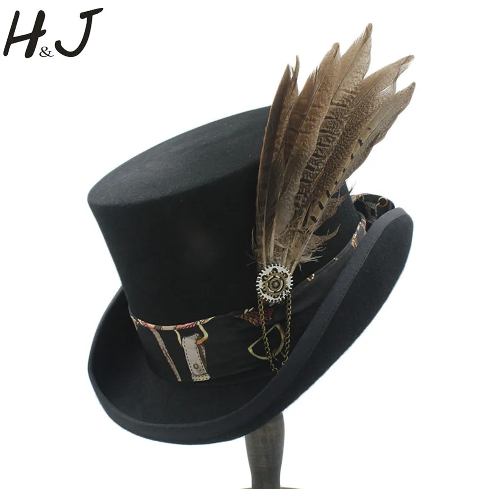 Top 13.5CM Black Fedora Hat Wool Women Men Steampunk Top Hat Handwork Leather Magic Cosplay Party Cylinder Hat Caps Dropshipping