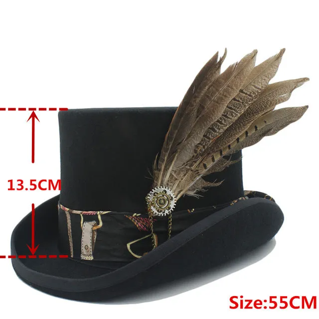 Top 13.5CM Black Fedora Hat Wool Women Men Steampunk Top Hat Handwork Leather Magic Cosplay Party Cylinder Hat Caps Dropshipping