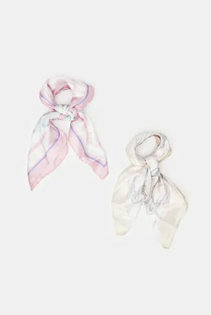 Women Purple And White Printed Scarf Set (Pack of 2)